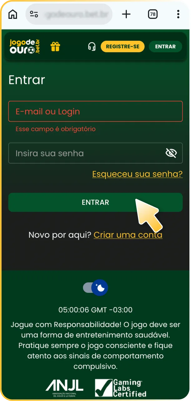 Faça login ou crie uma conta no Jogo de Ouro App.