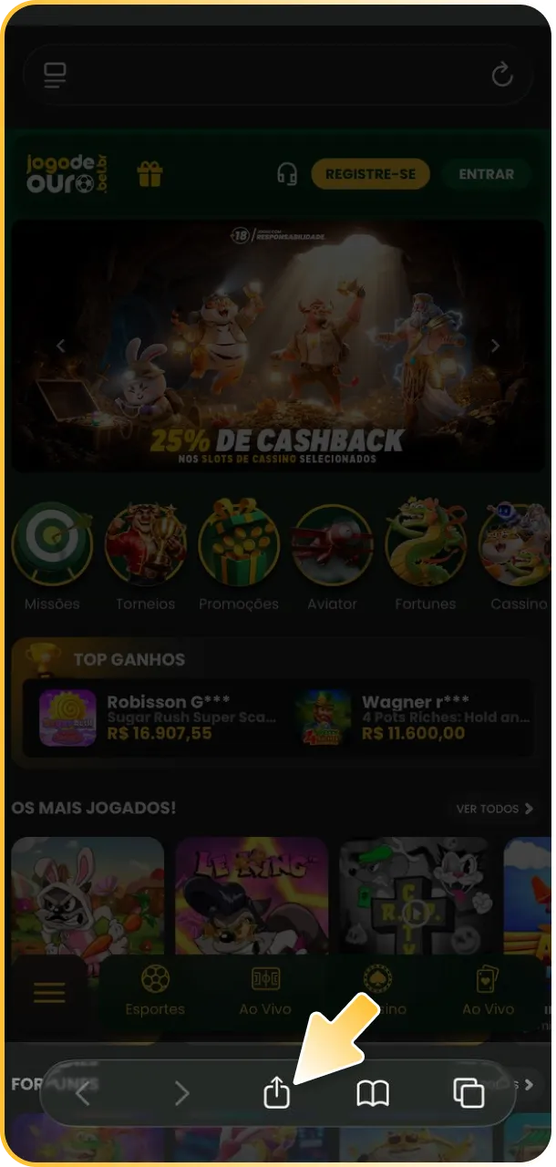 Toque em compartilhar para salvar o atalho do Jogo de Ouro App.