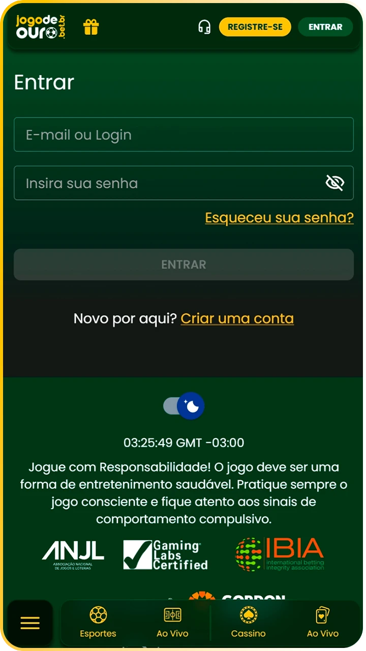 Entre na sua conta do Jogo de Ouro.