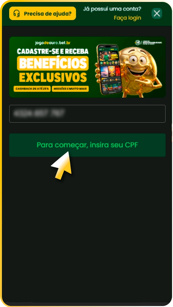 Crie sua conta de apostas Jogo de Ouro.