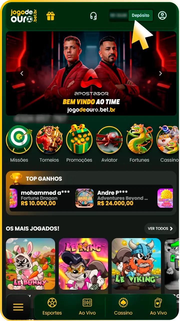 Faça o primeiro depósito no Jogo de Ouro.