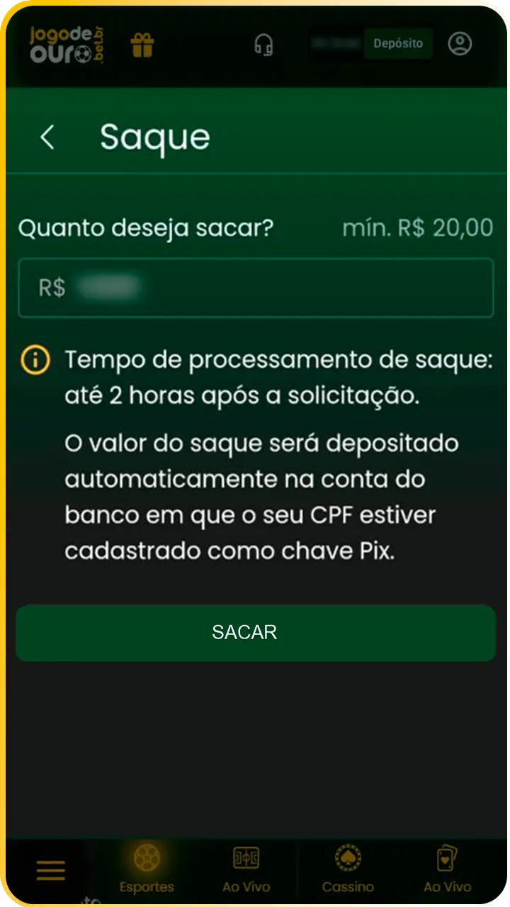 Saque seus ganhos com futebol Jogo de Ouro.