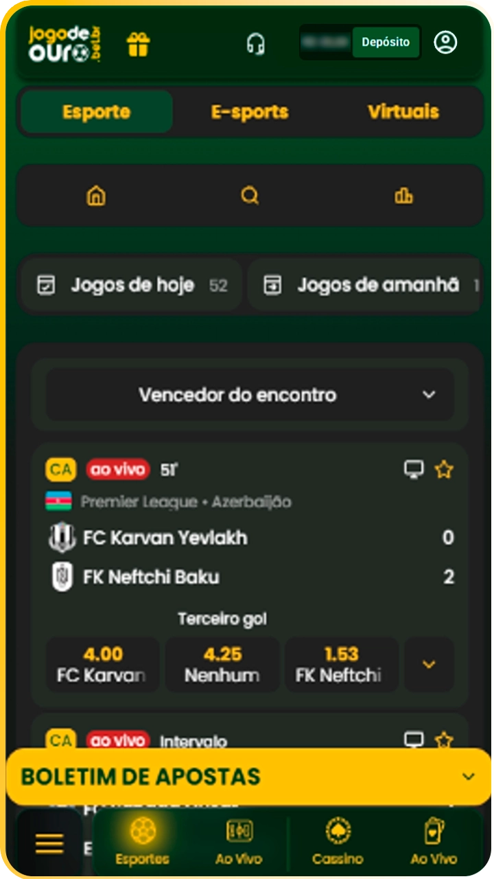 Escolha mercados de futebol no Jogo de Ouro.