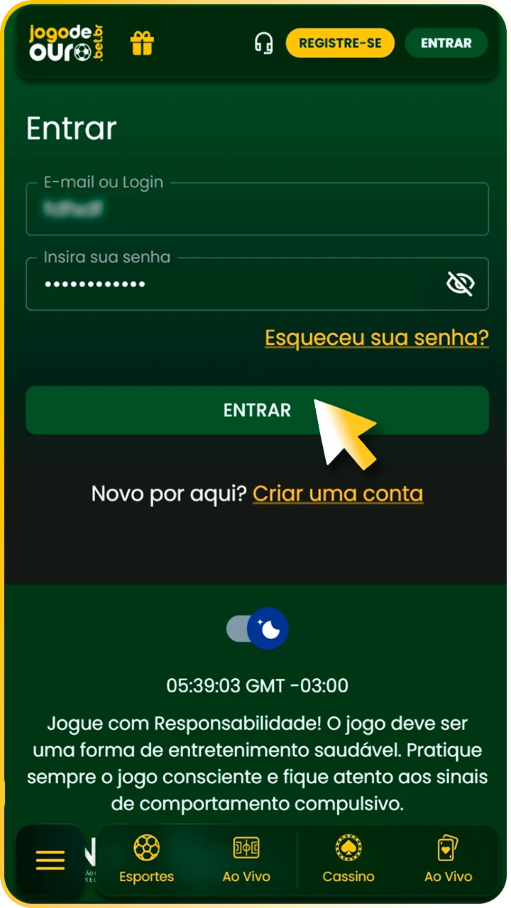 Faça login para depositar no Jogo de Ouro.