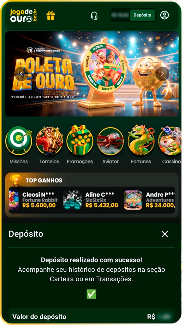 Confirme o crédito depositado no Jogo de Ouro.