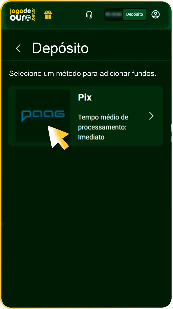 Escolha Pix e defina valor Jogo de Ouro.