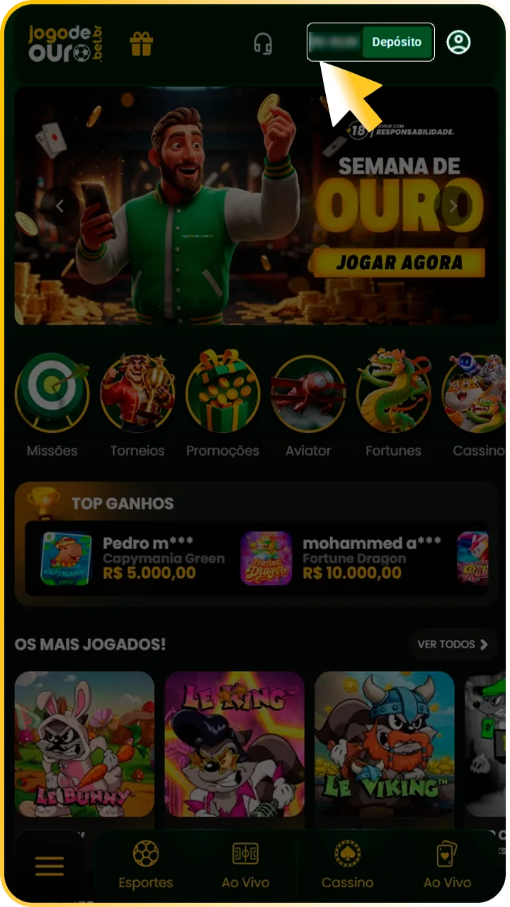 Faça login para sacar no Jogo de Ouro.