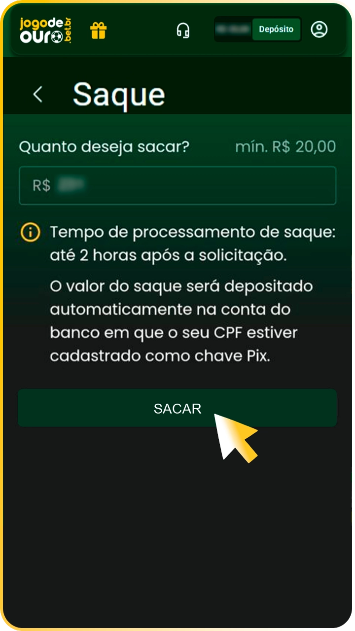 Confirme seu pedido de saque Jogo de Ouro.