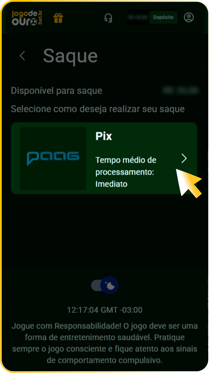 Acesse a aba de saques Jogo de Ouro.