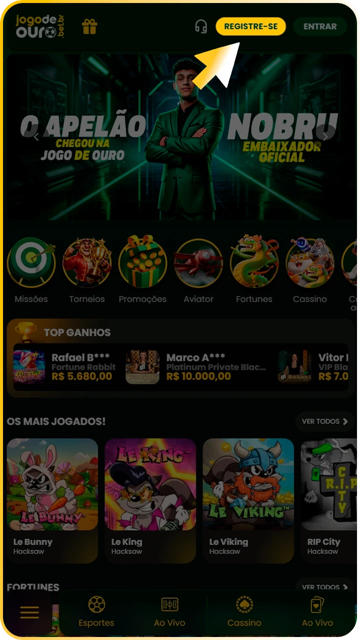 Insira dados pessoais no cadastro Jogo de Ouro.